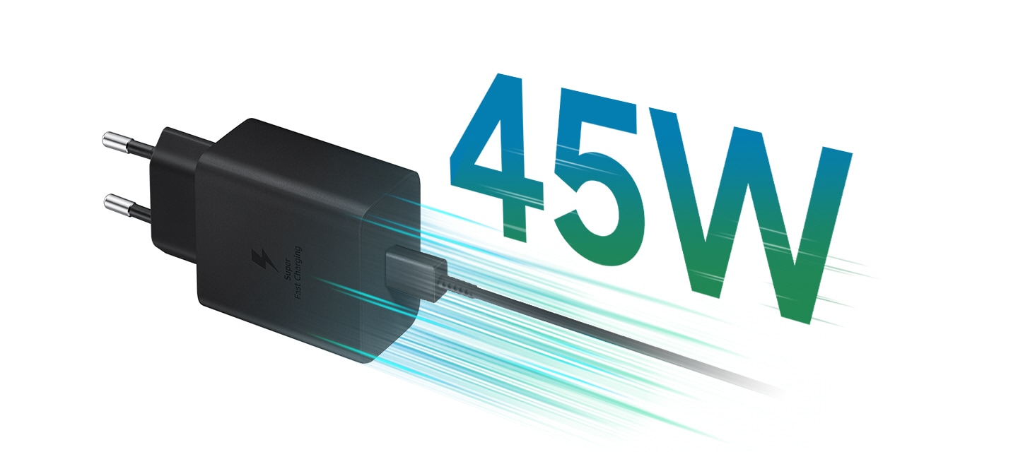  Un adaptador USB tipo C negro tiene rayas verdes a su alrededor que indican una carga súper rápida. El texto 45W está encima del cable en verde.