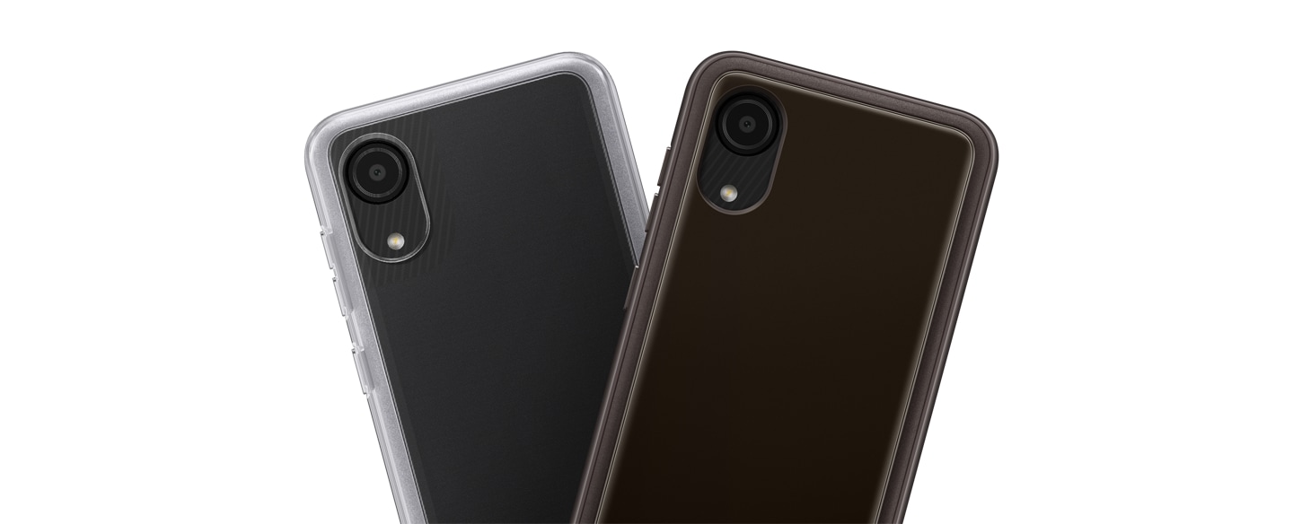 Two Galaxy A03 Core's are showing: 1 with transparent case and another one with black case on, spread out in a fan shape.