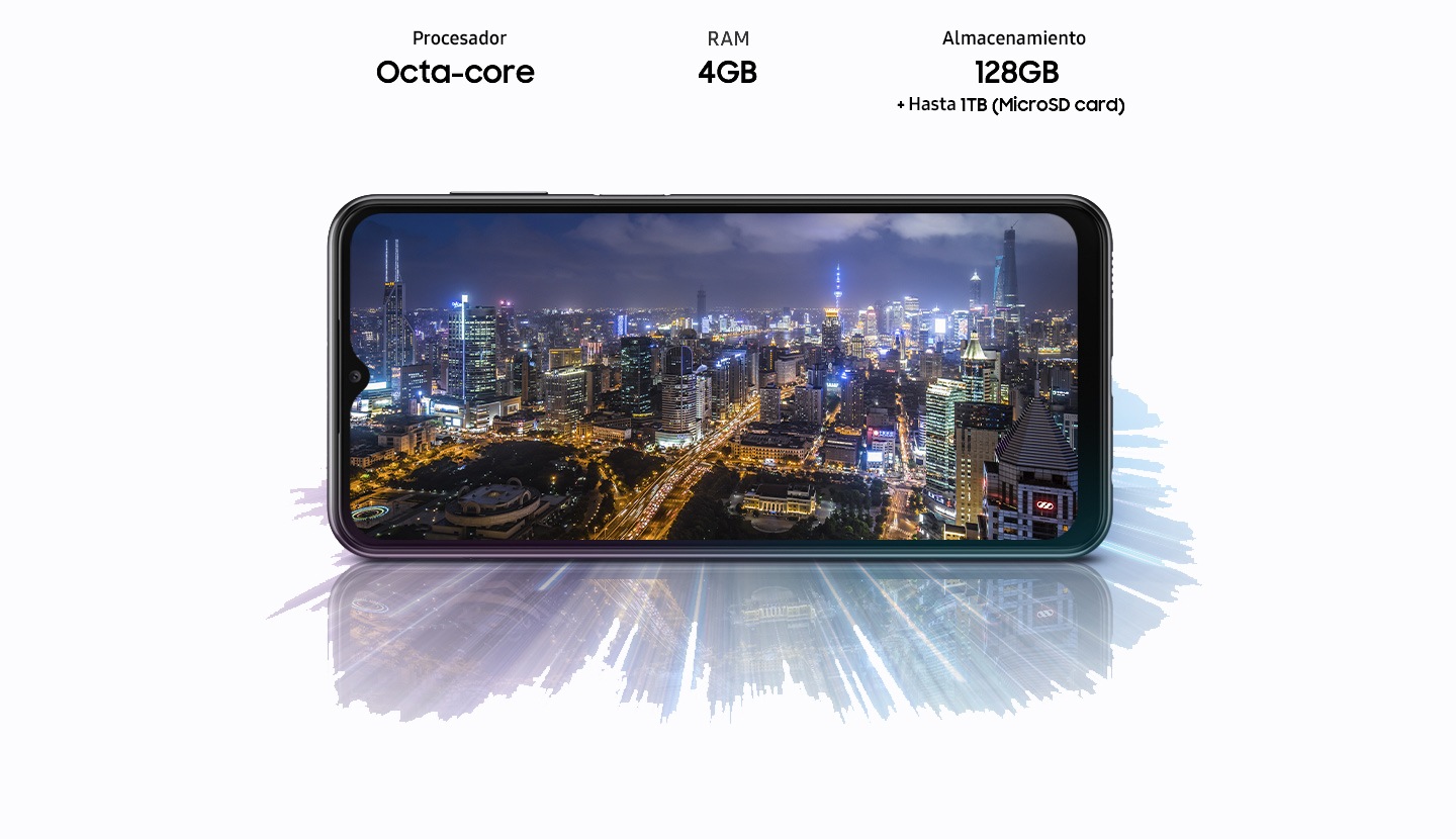 Galaxy A23 shows night city view, indicating device offers Octa-core processor, 4GB/6GB/8GB RAM, 64GB/128GB with up to 1TB-storage.