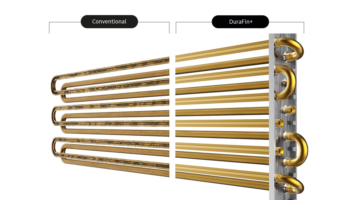 Shows the anti-corrosion coated copper tube of the durable DuraFin+ condenser, compared to tube of a conventional condenser that is corroded.
