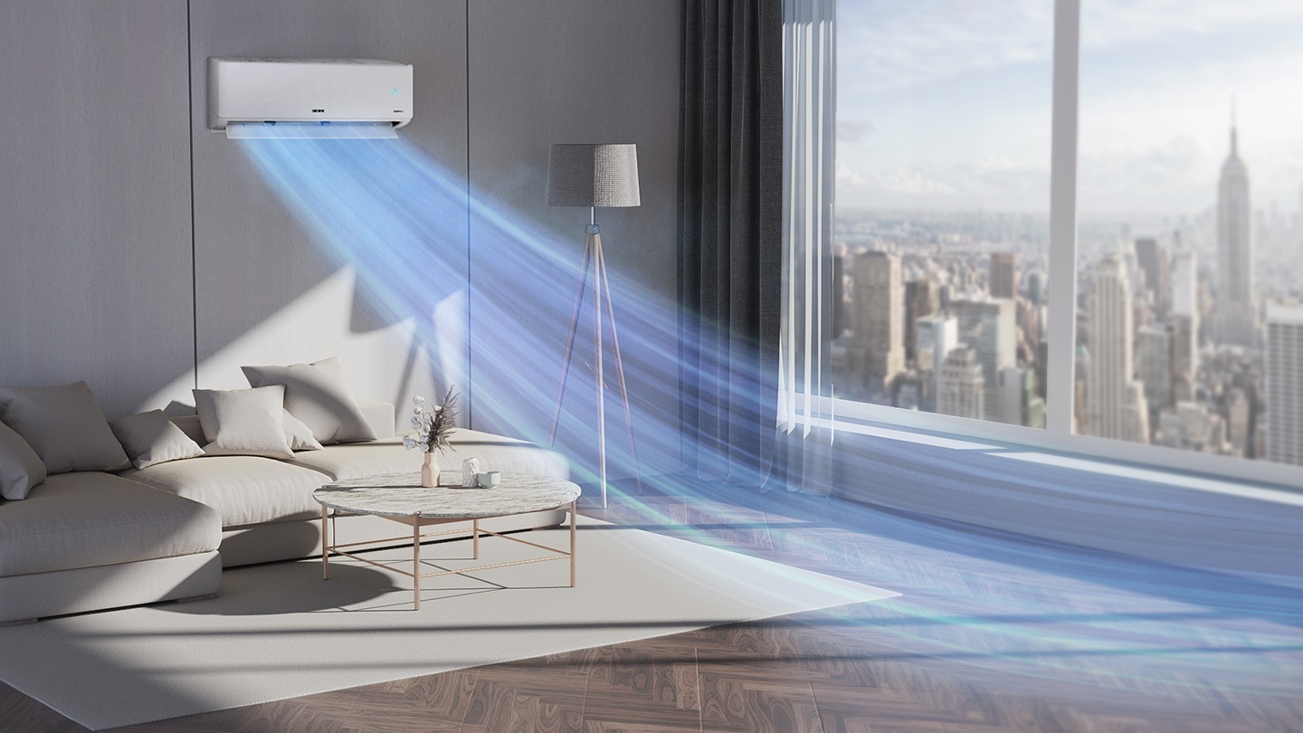 Shows a wall-mounted air conditioner quickly dispersing cool air across a room.