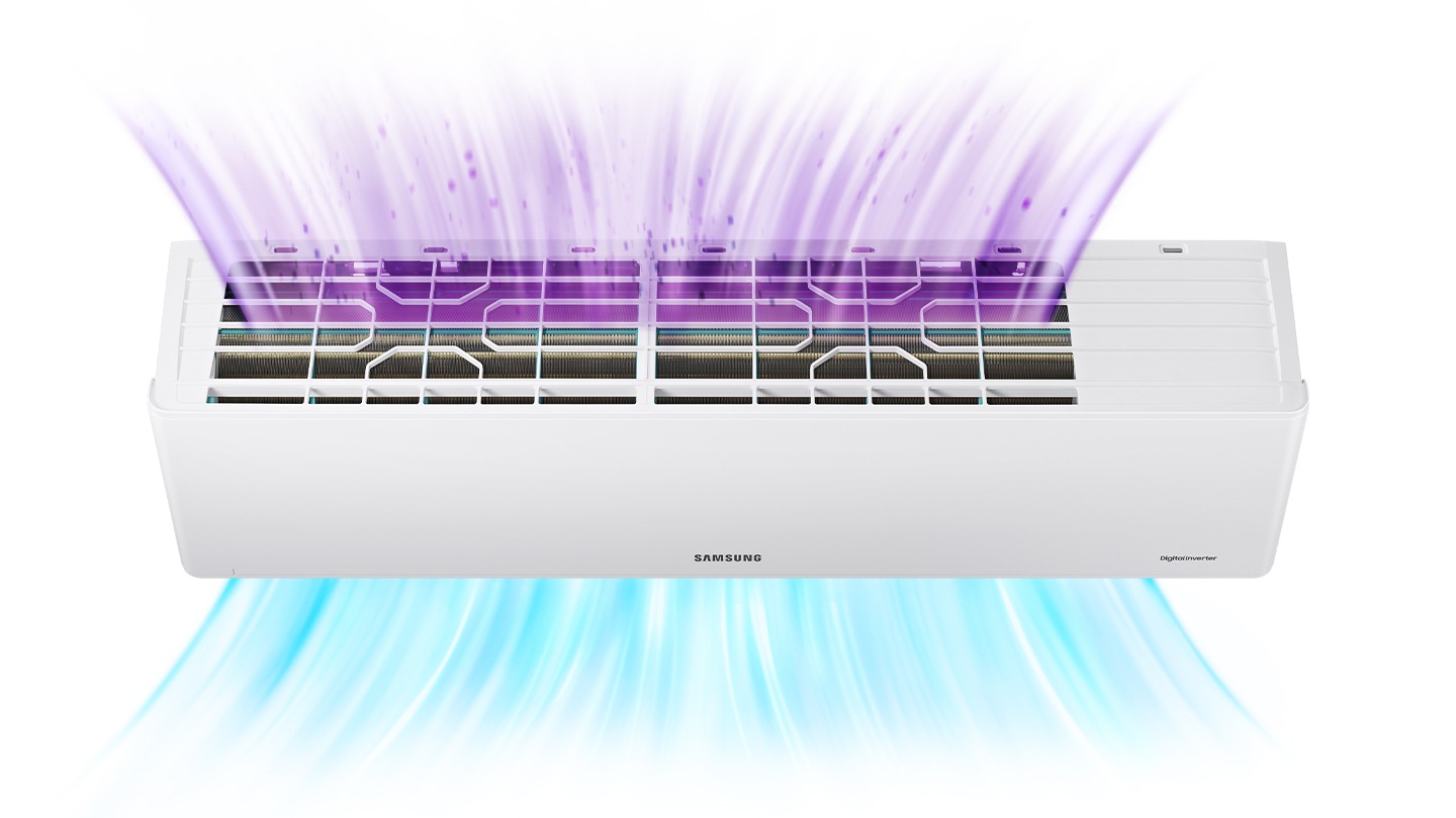 Shows an air conditioner drawing in polluted air and expelling purer air.