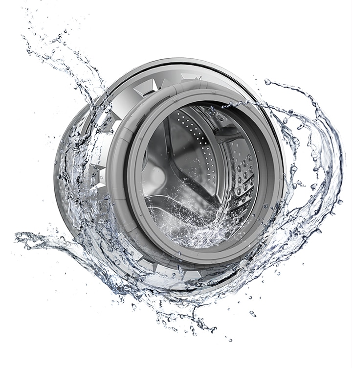 The washer drum is surrounded by clean water and water jets are cleaning the inside.