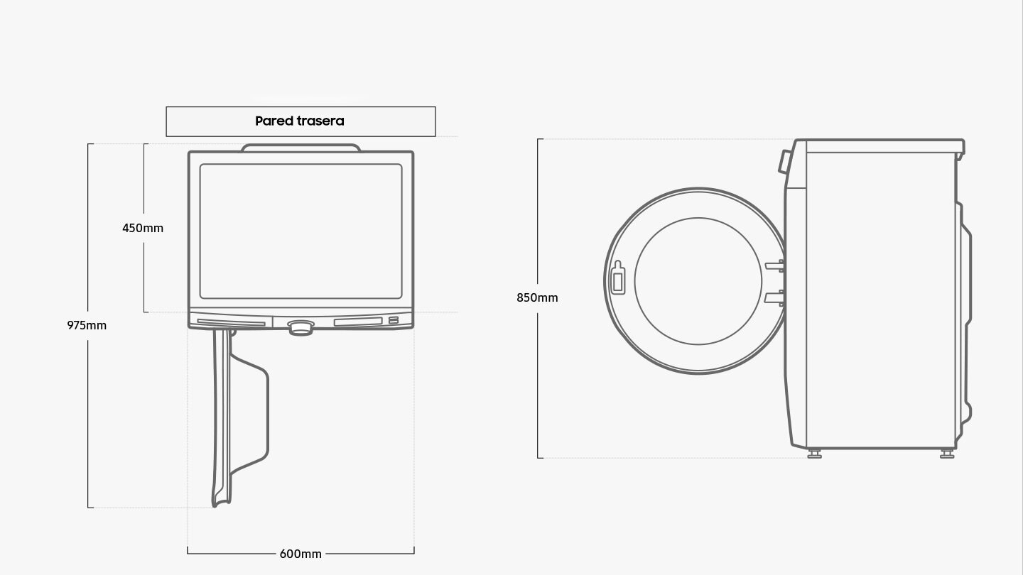 Width 600mm, height 850mm, depth 450mm, depth with door open 975mm.