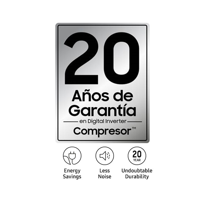 Mostrar 10 años de garantía en el compresor para tecnología Digital Inverter™. Hay íconos de ahorro de energía, menos ruido y durabilidad indudable.