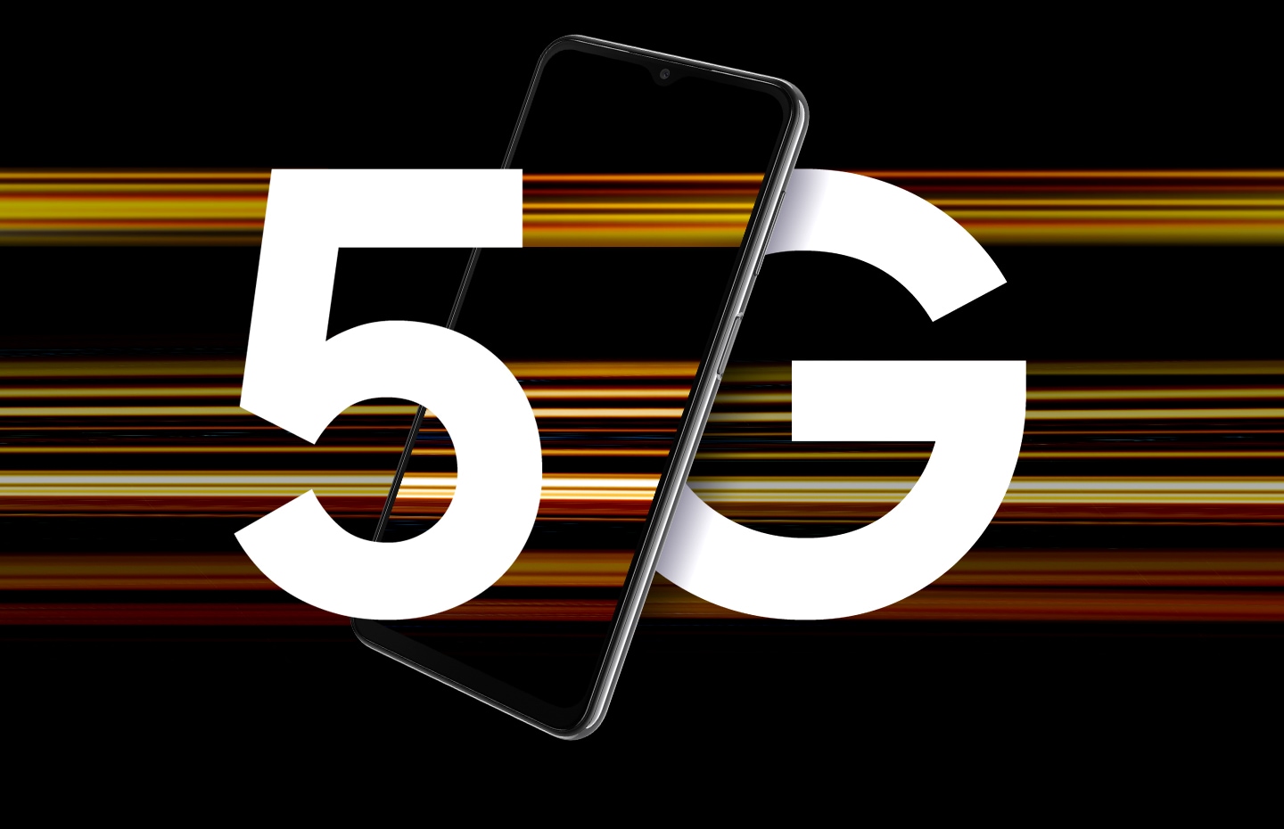 Un Galaxy A23 5G se muestra con el texto 5G dividiendo las dos letras por el dispositivo. Lo rodean vetas de luz de colores que representan la velocidad 5G.