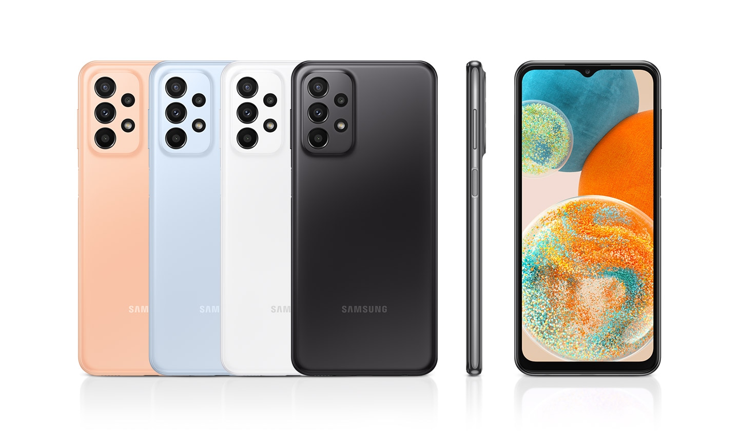 Se muestran seis dispositivos para mostrar sus colores y diseño. Cuatro están invertidos y son de color Naranja, Azul claro, Blanco y Negro, mientras que uno muestra la parte delantera y otro la derecha del dispositivo.