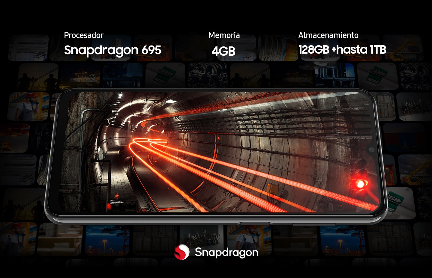 Samsung A23 horizontal y dentro de la pantalla se ve un túnel con luces de neón rojas algo difuminadas dando cuenta de la velocidad