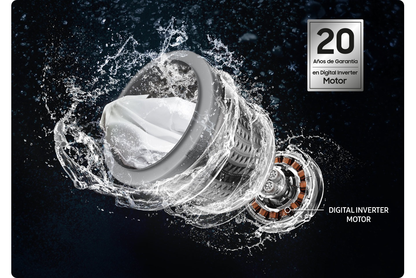 El motor Digital Inverter, el tambor y el chorro de agua giran rápidamente. La garantía del WA5000C es de 20 años.
