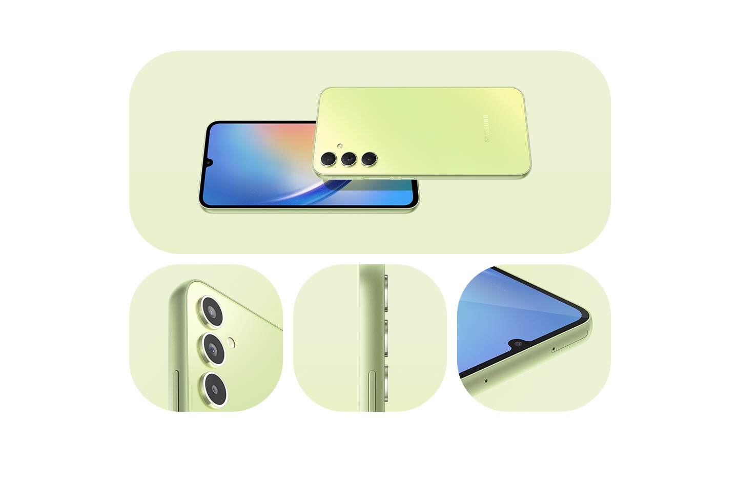 1. The Galaxy A34 5G's design is shown with devices in Awesome Lime. The front and backsides are shown, along with more close-up shots of the backside multi-camera system, the side, and front camera.