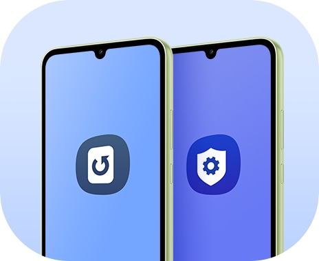 Dos Galaxy A34 5G en Awesome Lime están uno al lado del otro. En la pantalla del primer dispositivo se encuentra el icono de actualización del sistema operativo. En la pantalla del segundo dispositivo, se muestra el icono de configuración avanzada de Knox.