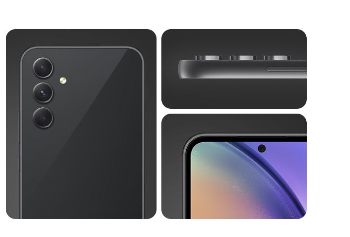 3. A Galaxy A54 5G in Awesome Graphite is showing its camera layout, side view of the camera layout and the front of the device.