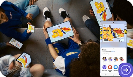 A group of people is watching the same Image on each of their devices. On the right is a Galaxy smartphone displaying Quick share screen. Quick share icon can be seen next to the phone.