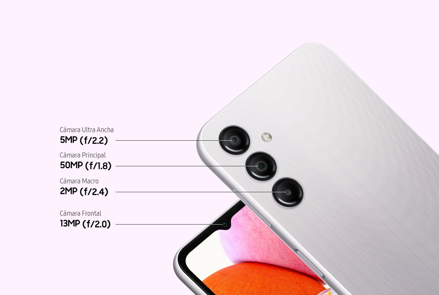 Two devices, both in Silver, show the rear side and front side of the device. On the right, the rear side of the device shows the 5MP f2.2 Ultra-wide camera, 50MP f1.8 Main camera, and 2MP f2.4 Macro camera. On the left, the front side of the device shows the 13MP f2.0 Front camera.