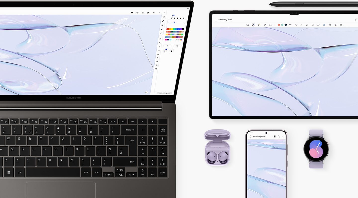 A top view of a graphite Galaxy Book3, opened and facing forward with Samsung Notes App opened onscreen. A Galaxy Tab S8 Ultra with S Pen, Galaxy S23 Plus smartphone, Galaxy Watch5 Bora Purple and Galaxy Buds2 Pro Bora Purple are placed next to the laptop.
