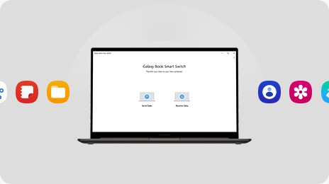 A graphite Galaxy Book3 is opened, facing forward with the Smart Switch application opened onscreen. Around the device, SmartThings, Samsung Notes, My Files, Contacts, Gallery and Samsung Health app icons are shown.