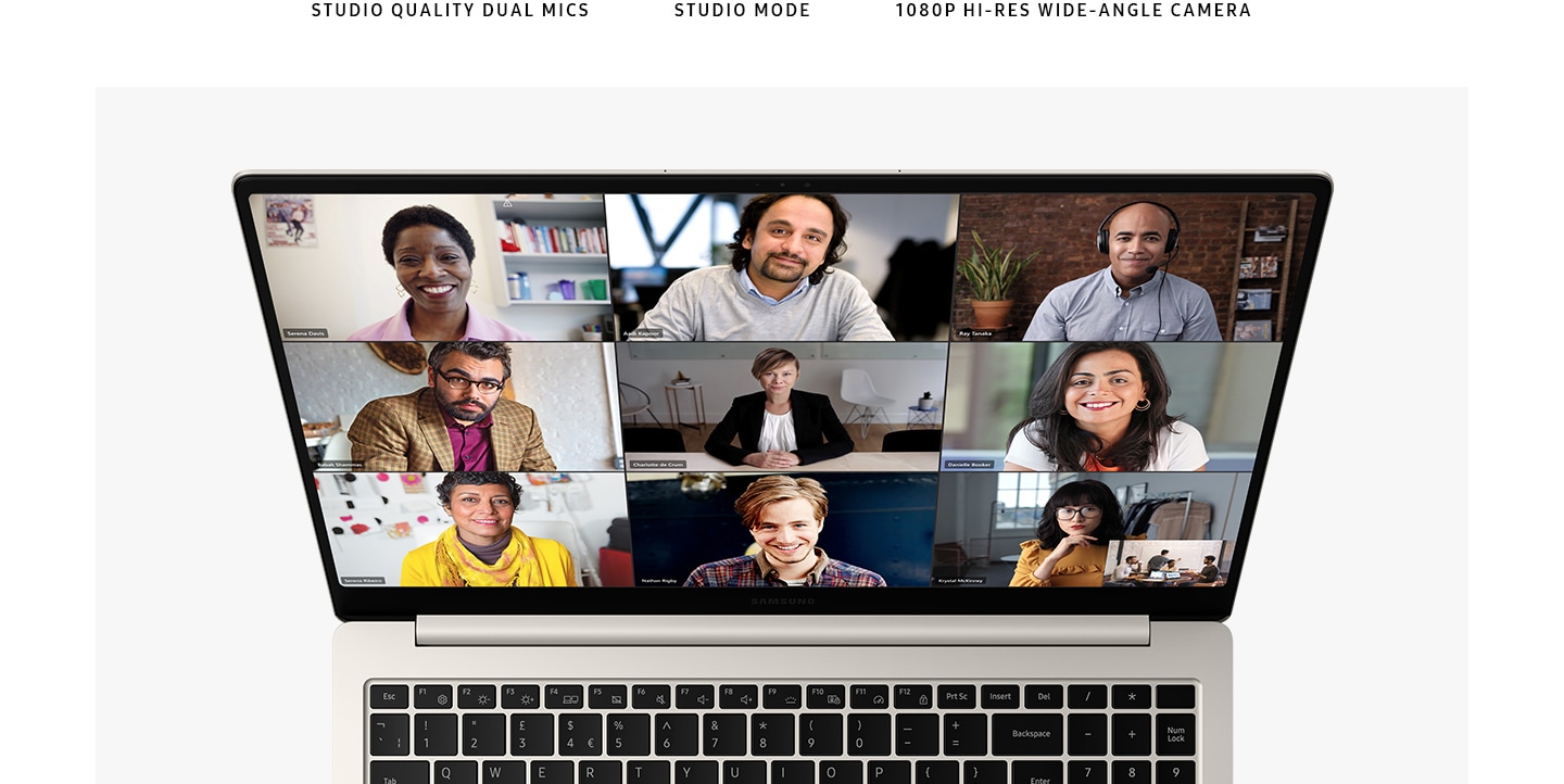 A top view of a beige-colored Galaxy Book3 Pro, opened and facing forward with Microsoft Teams application opened onscreen and nine people shown in a video call. "STUDIO QUALITY DUAL MICS. STUDIO MODE. 1080P HI-RES WIDE-ANGLE CAMERA."