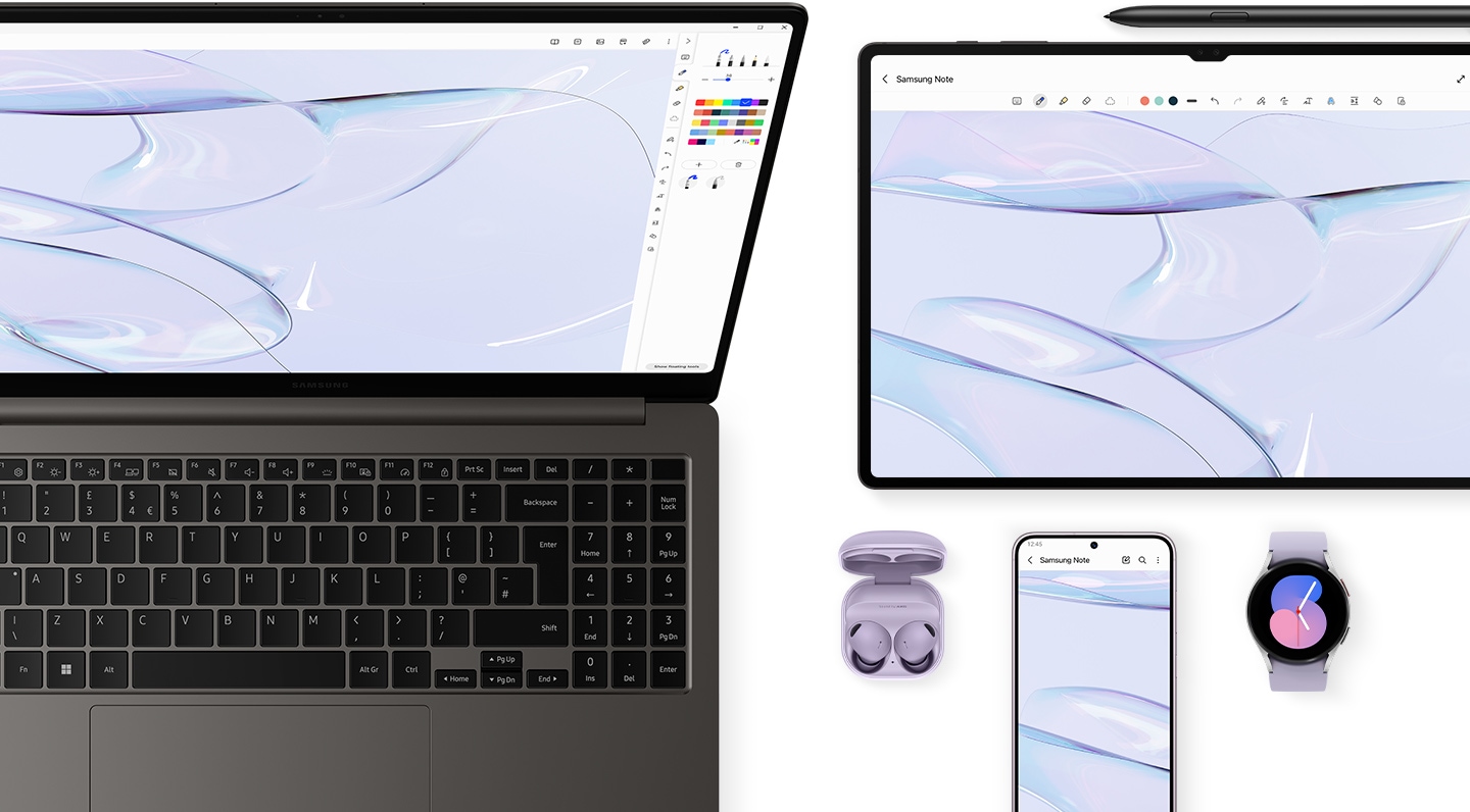 A top view of a graphite Galaxy Book3 Pro, opened and facing forward with Samsung Notes App opened onscreen. A Galaxy Tab S8 Ultra with S Pen, Galaxy S23 Plus smartphone, Galaxy Watch5 Bora Purple and Galaxy Buds2 Pro Bora Purple are placed next to the laptop.