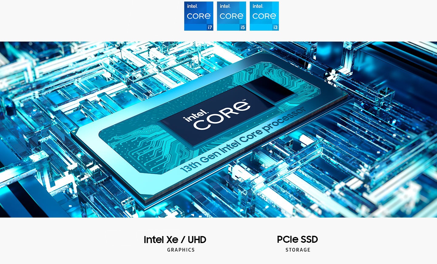 13th Gen Intel® Core™ processor is on the mainboard with the text intel® Core™ in the middle. Intel Xe / UHD / Arc Graphics. PCIe SSD Storage. Intel Core i7, intel Core i5, intel Core i3, intel Inside and intel ARC Graphics logos are shown.