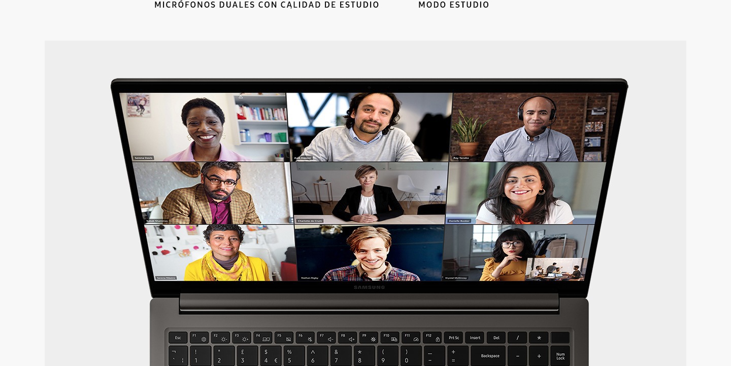 A top view of a graphite-colored Galaxy Book3, opened and facing forward with Microsoft Teams application opened onscreen and nine people shown in a video call. "STUDIO QUALITY DUAL MICS. STUDIO MODE."