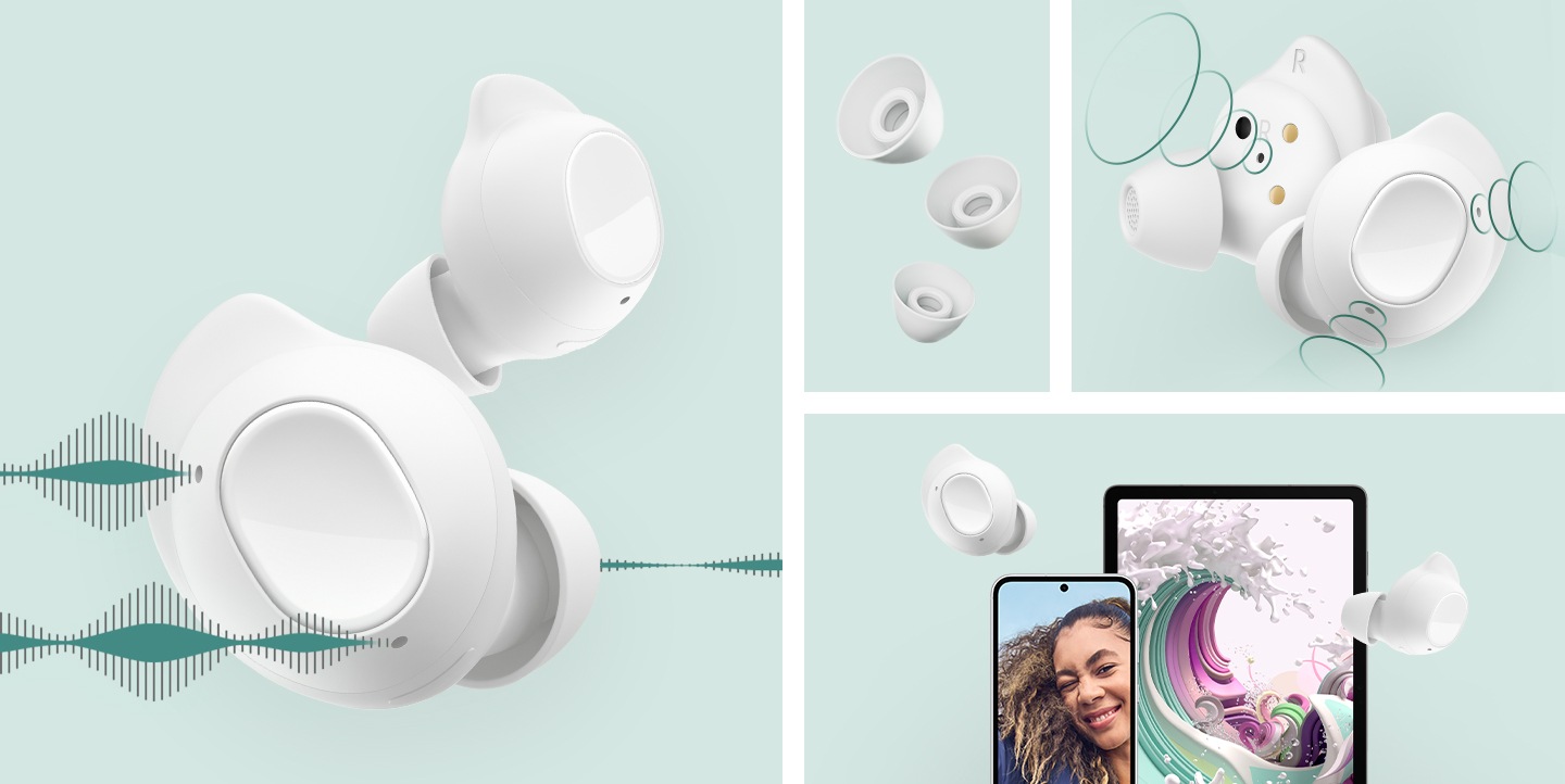 Primer plano de dos auriculares Galaxy Buds FE flotando. Tres almohadillas de diferentes tamaños que flotan en formación. Primer plano de dos auriculares Galaxy Buds FE con ondas sonoras procedentes de sus micrófonos interiores y exteriores. Un dispositivo Galaxy S23 FE, un dispositivo Galaxy Tab S9 FE y dos auriculares Galaxy Buds FE que flotan en el aire.