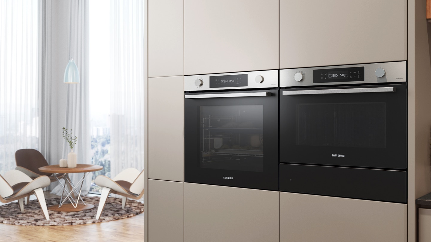 Shows the built-in oven installed in a kitchen, with two cooking zones and a hinged door, next to a Microwave Combi oven.