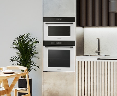 Shows the built-in oven seamlessly installed in a kitchen next to a Microwave Combo oven. Its BESPOKE "Black Glass" color elegantly complements and enhances the kitchen's color scheme.
