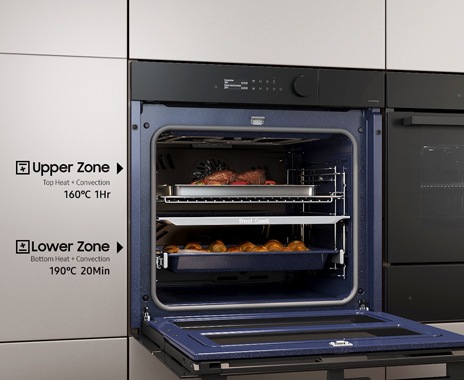 Shows the upper and lower zones being used independently to cook different dishes at the same time using different settings.