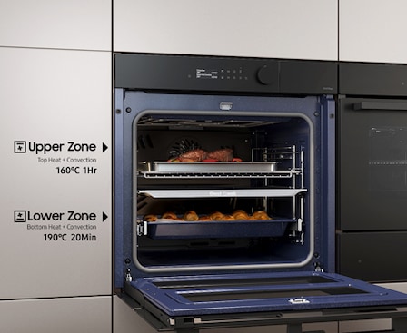 Shows the upper and lower zones being used independently to cook different dishes at the same time using different settings.