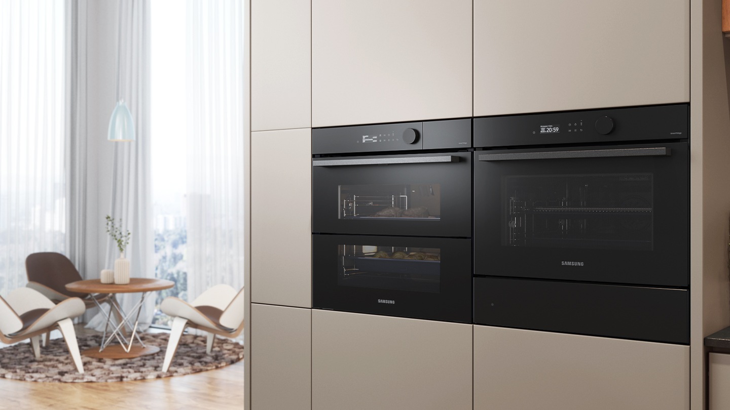 Shows the built-in oven installed in a kitchen, with two cooking zones and a hinged door, next to a Microwave Combi oven.