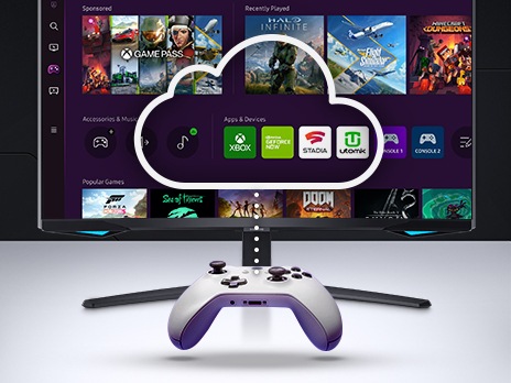 Un controlador de juegos flota frente a un monitor de juegos. La pantalla muestra una variedad de contenidos de juegos y selecciones de juegos.