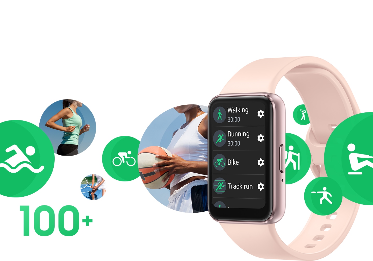 Galaxy Fit3 con múltiples íconos de modos de entrenamiento, que incluyen bicicleta y natación en piscina, deslizándose por el dispositivo.