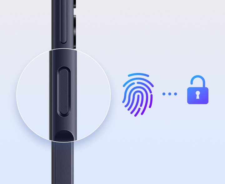 Se muestra un perfil lateral del teléfono inteligente Galaxy, con el sensor de huellas dactilares ampliado y magnificado. Justo al lado del sensor, se muestra un ícono de huella digital y un ícono de desbloqueo con una corta línea de puntos entre ellos.