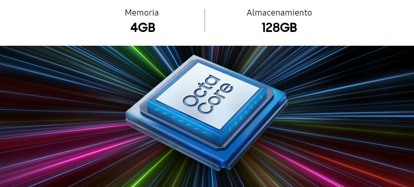 Un microchip azul con un centro blanco muestra el texto "Octa Core" en el centro. Detrás del microchip convergen rayos de luz de distintos colores. Memoria de 4GB/6GB/8GB, Almacenamiento de 128GB/256GB.