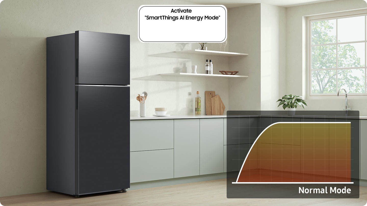 El refrigerador instalado en la cocina con el botón Activar “SmartThings AI Energy Mode” activado. El modo de energía AI está activado, la IA se activa para verificar el funcionamiento interno y administrar el compresor, y un gráfico muestra el efecto de ahorro de energía de hasta un 10 % en el modo de energía AI en comparación con el modo normal.