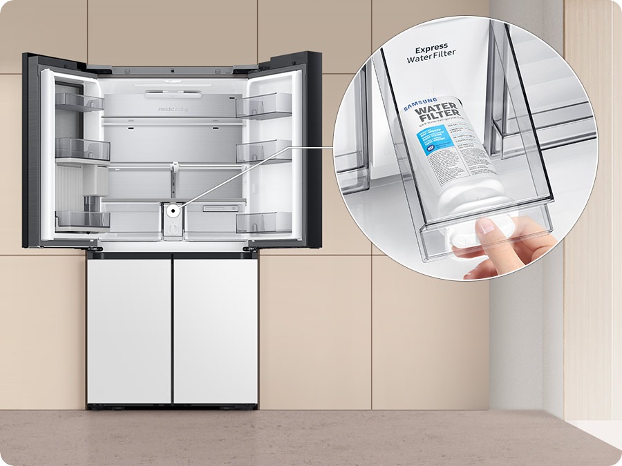 The refrigerator doors are open. There is a closeup of the Express Water Filter in the center getting changed manually.