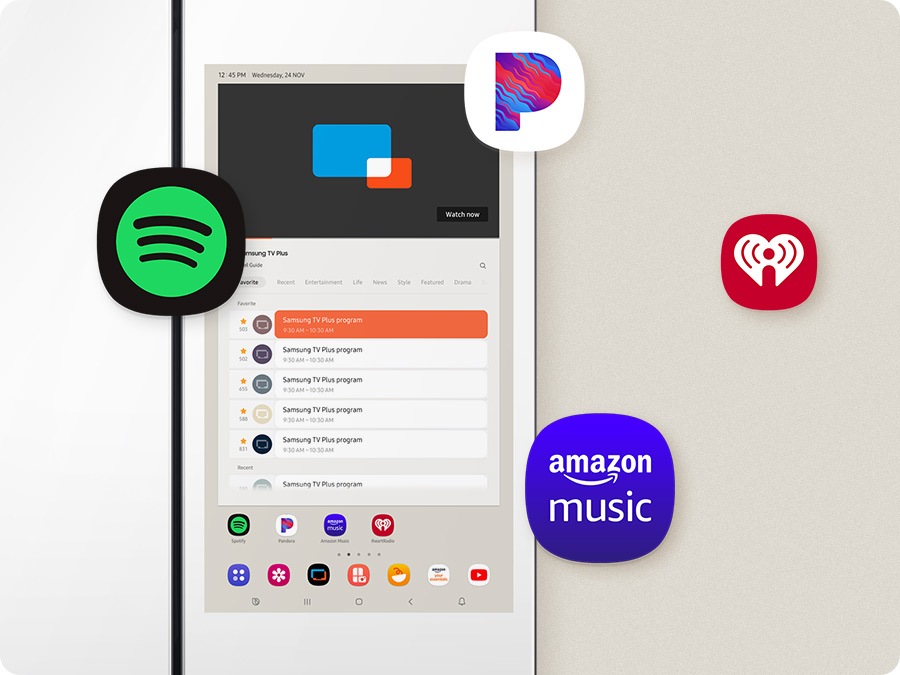 La pantalla de un refrigerador Bespoke Family Hub refleja aplicaciones de teléfonos inteligentes como Spotify, Amazon Music, Pandora e iheart radio.