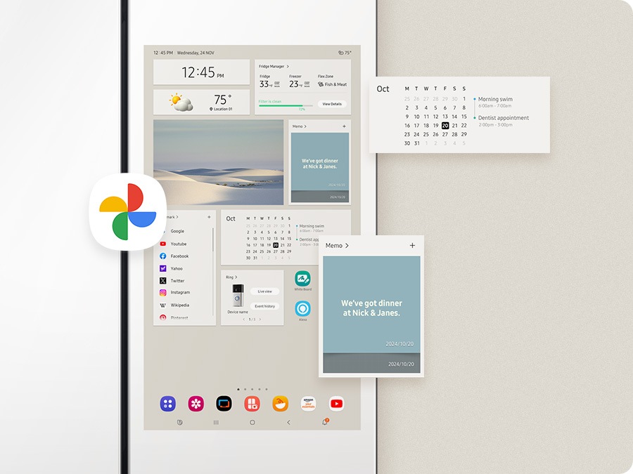 Una pantalla de refrigerador Bespoke Family Hub le permite compartir fotos, ver notas y consultar su calendario en la pantalla táctil ancha.