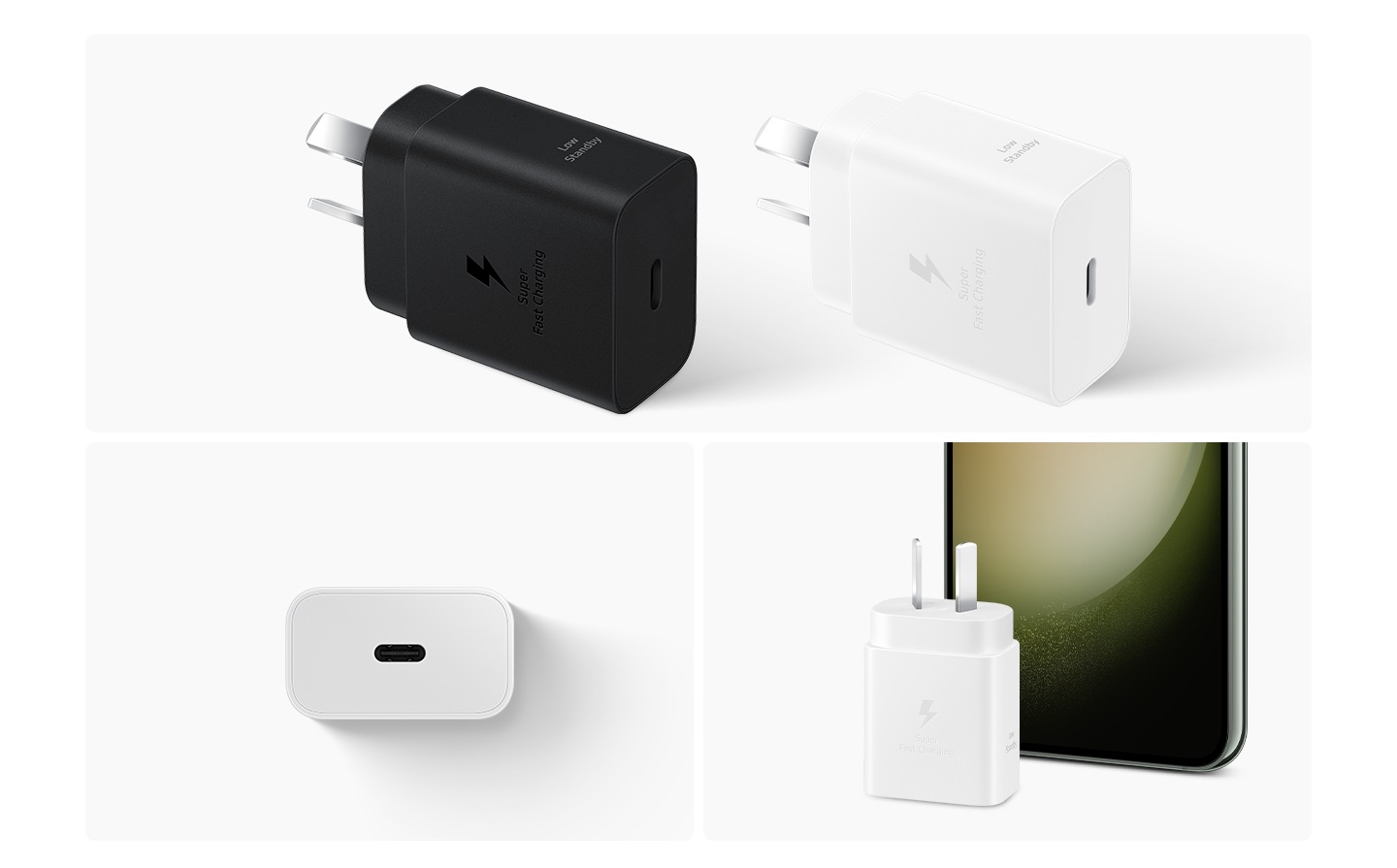 En la parte superior se muestran dos adaptadores de corriente, en blanco y negro. En la parte inferior izquierda, un adaptador de corriente blanco muestra el lado con el puerto USB-C. En la parte inferior derecha, se coloca un adaptador de corriente blanco frente a un teléfono inteligente Galaxy.