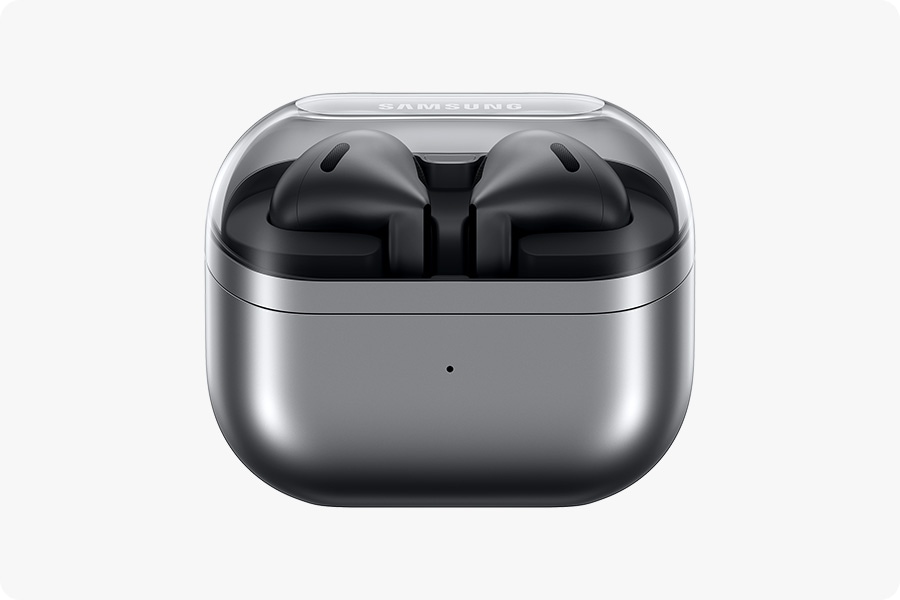 A pair of silver colored Galaxy Buds3 earbuds in a closed case.