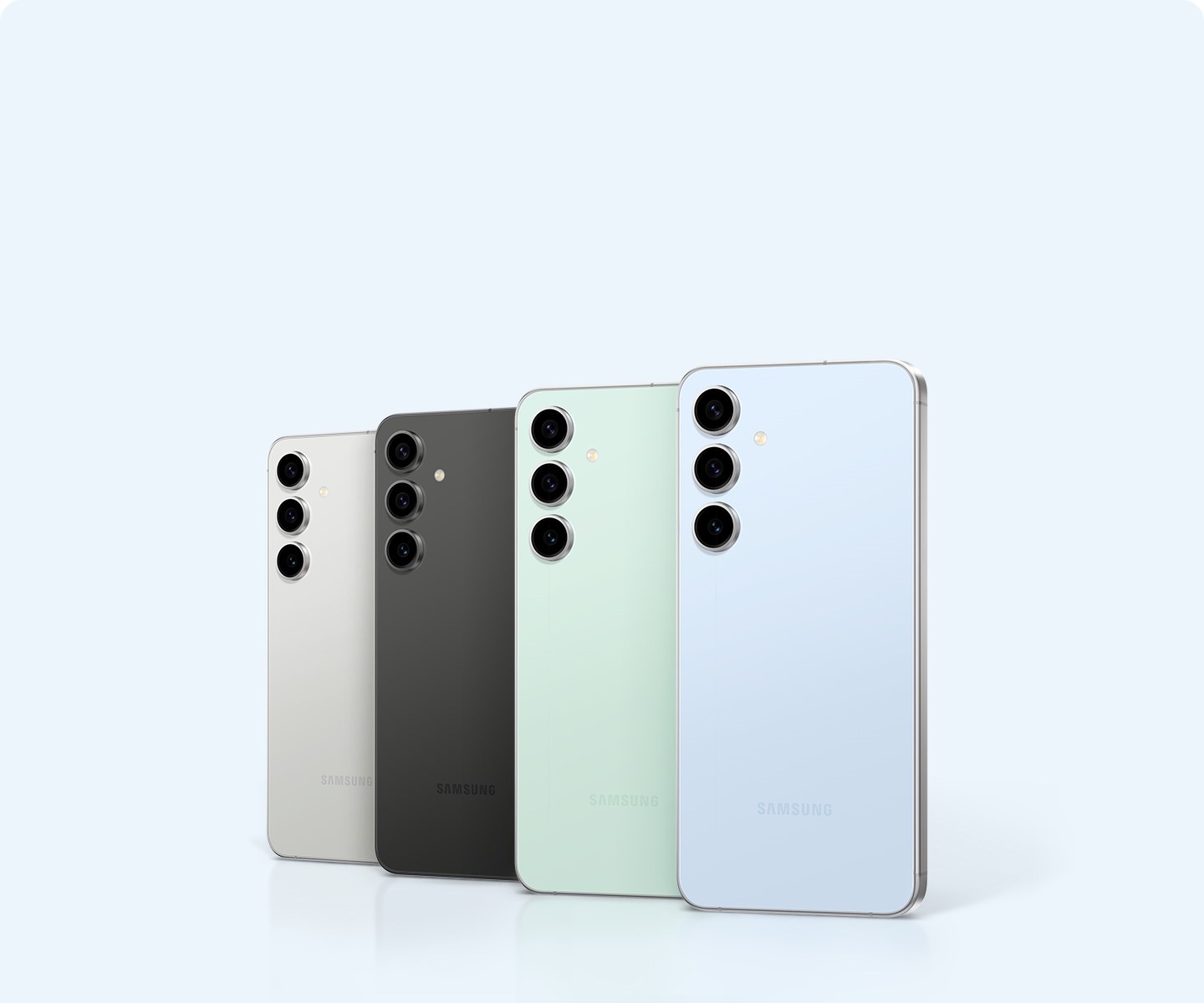 Cinco dispositivos Galaxy S24 FE en amarillo, gris, grafito, menta y azul están de pie desde la parte trasera. Los dispositivos se ven desde la parte trasera superpuestos uno encima del otro.