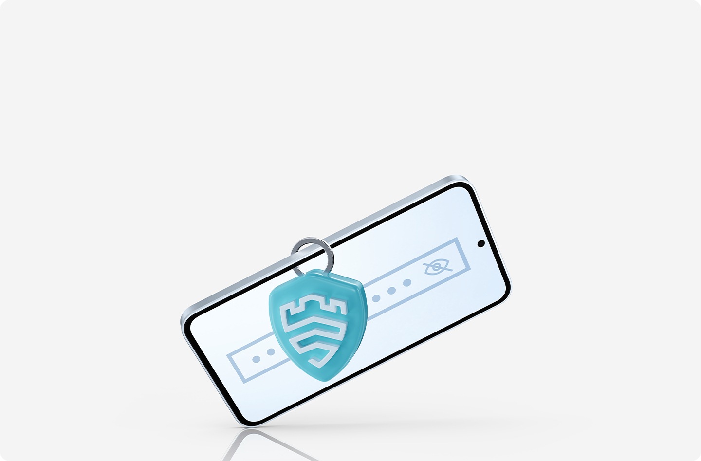 A Galaxy A35 5G device shows a hidden password on-screen while a key-chain with the Samsung Knox Vault symbol is locked onto one of the device's sides.