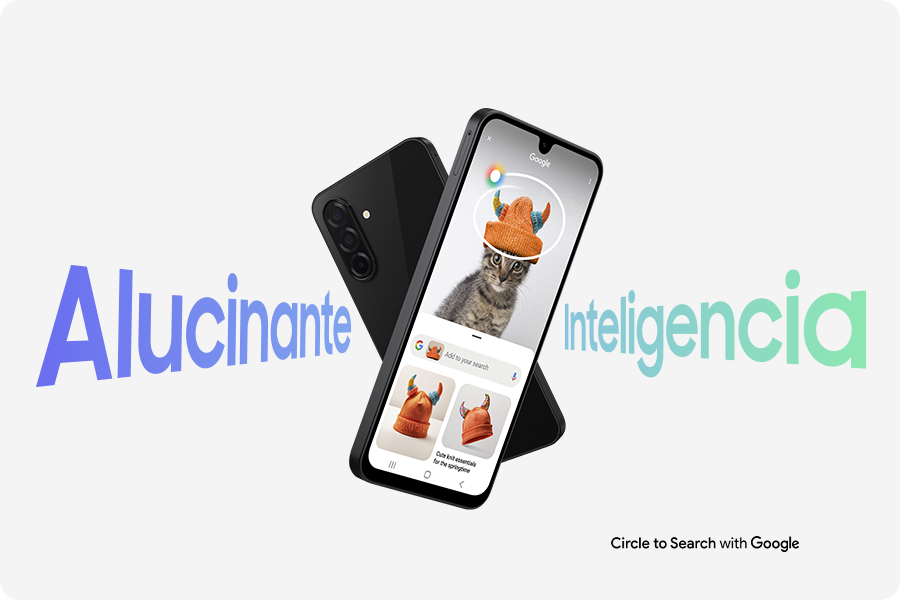 Two Galaxy A26 5G devices forming an X shape. The one in the back is in rear view. The one in the front has Circle to Search feature onscreen. Text Awesome Intelligence and The new Galaxy A26 5G can be seen. Text Circle to Search with Google is at the bottom.