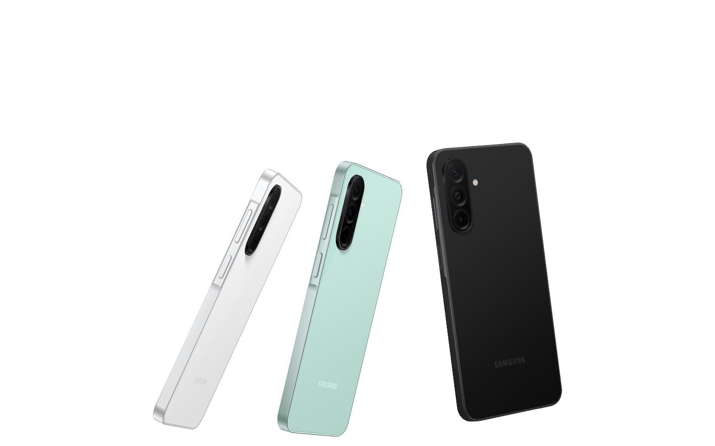 Four Galaxy A26 5G devices in White, Mint, Peach Pink and Black, showcasing their glass back featuring a 3-camera layout.