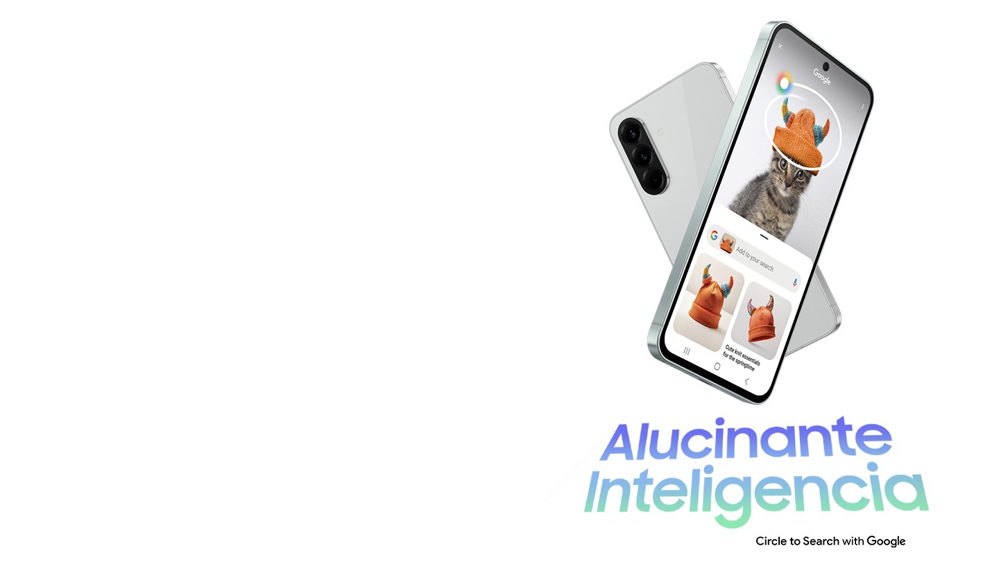 Dos dispositivos Galaxy A56 5G formando una X. El de atrás está en vista trasera. El de delante tiene la función Circle to Search en pantalla. Se puede ver el texto Awesome Intelligence. Círculo de texto para buscar con Google se puede ver.