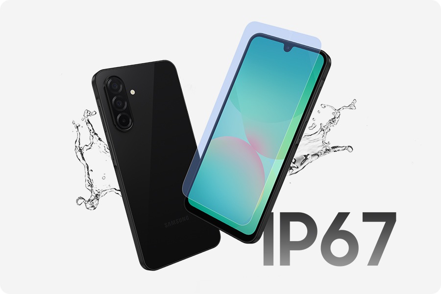 'Two Galaxy A26 5G devices. One shows its back, while the other faces forward with a protective layer hovering over the screen. Splashes of water beside the devices highlight their water resistance. At the bottom right is the text IP67.