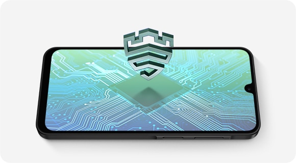 Galaxy A26 5G placed horizontally. Display shows the interior of a smartphone with a processor placed in the center. Above is the Samsung Knox Vault logo standing upright.