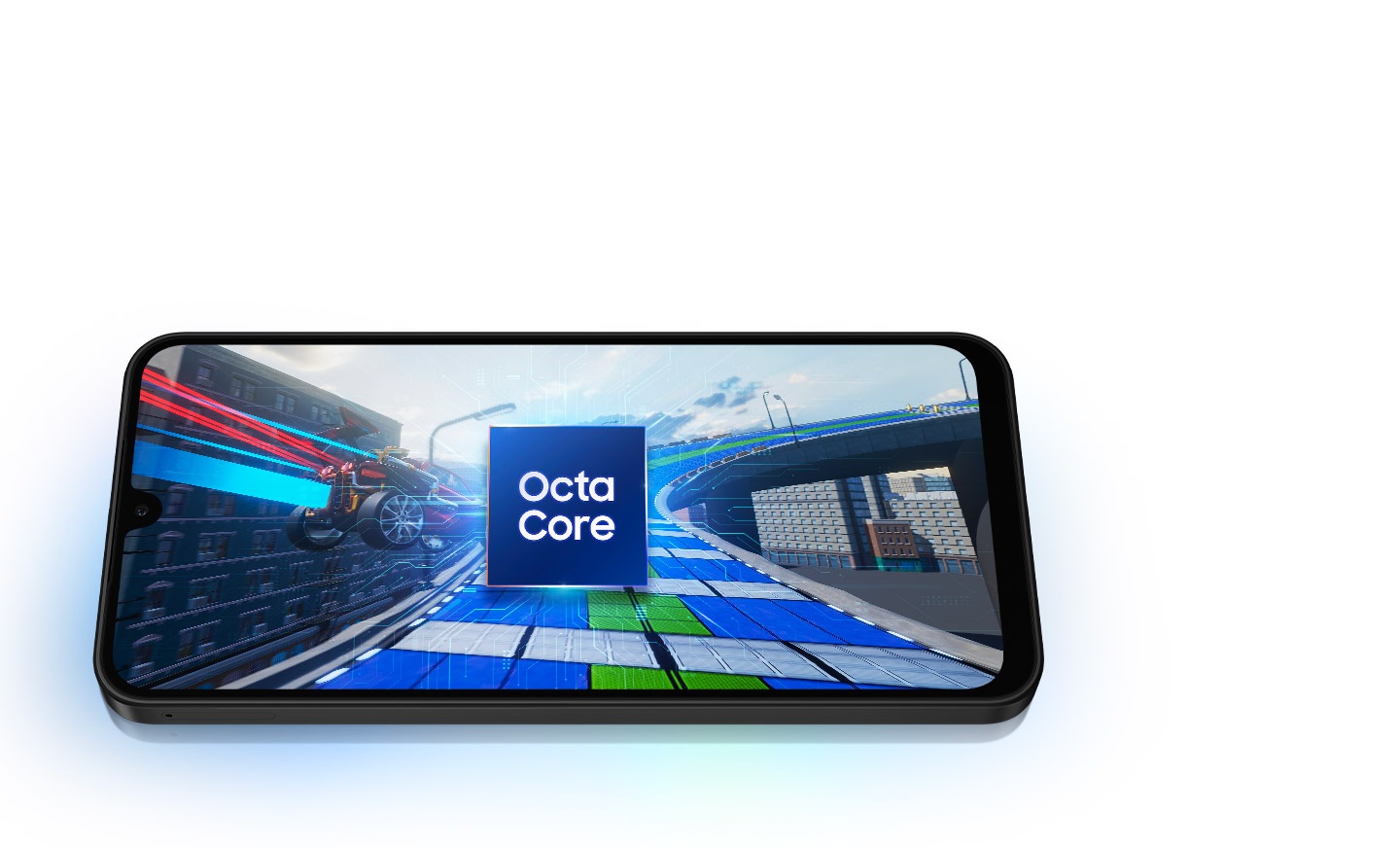 A Galaxy A26 5G device displaying an overpass in the city. A motorbike speeds in from the left side of the screen, racing toward the overpass. At the center of the screen is a cube with the text Octa Core.