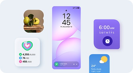 Pantalla de bloqueo de un teléfono inteligente que muestra el rastreador Samsung Health Running en la barra Now, en la parte inferior de la pantalla, con widgets para Galería, Actividad diaria, Alarma y Clima alrededor de la pantalla.