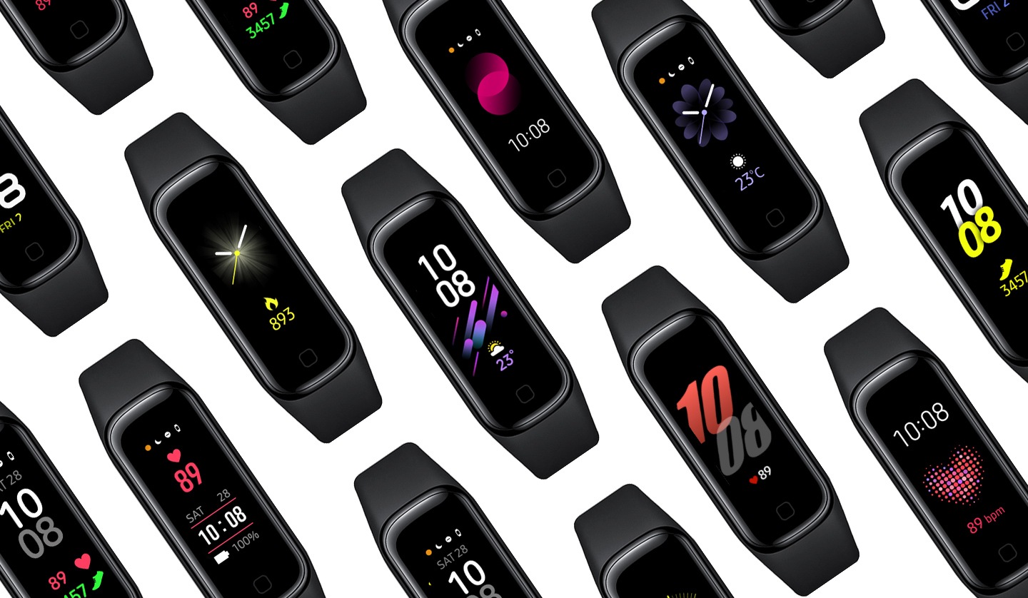 A tile view of multiple black Galaxy Fit2 displays, each showing a unique watch face design.